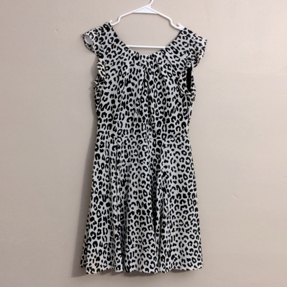 Express black & white leopard print fit & flare dress with lacey back